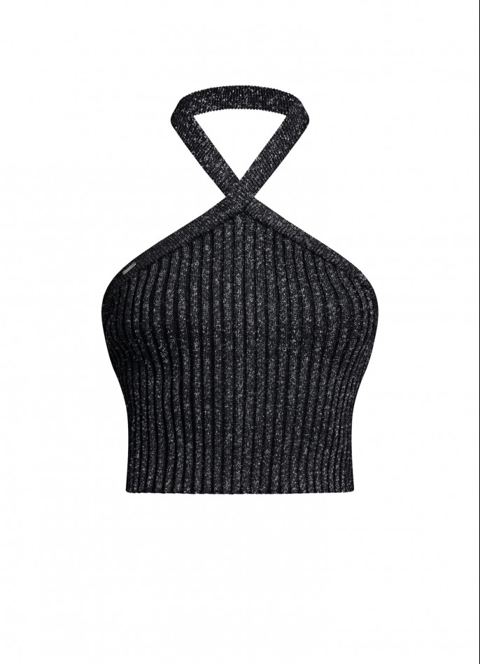 RIBBED KNIT HALTERNECK CROP TOP - METALLIC BLACK